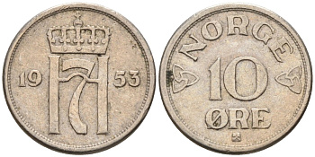 Норвегия 10 эре 1953 Хокон VII (1905-1957) KM 396 медно-никель 4580-953