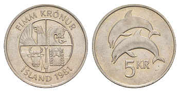 Исландия 5 крон 1981 дельфины KM 28 медно-никель aUNC 4635-125