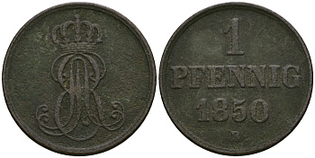 Ганновер 1 пфенниг 1850 B, Эрнст Август (1837-1851) KM 201.1, AKS 129, J. 74 медь 4608-1054
