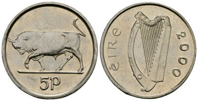 Ирландия 5 пенсов 2000 бык KM 28 медно-никель 4136-928