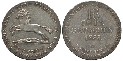 Брауншвейг-Каленберг-Ганновер 16 гутергрошенов 1833 A, Вильгельм IV (1830-1837) J. 33, AKS 66, Kahnt 212 серебро  aUNC  11-119-56