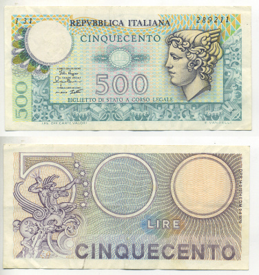 Италия 500 лир 1979 Меркурий Pick 94 бумага 7553-13-2