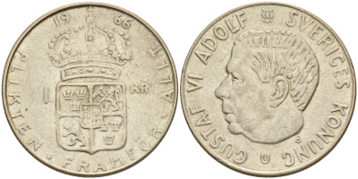 Швеция 1 крона 1966 U, Густав VI Адольф (1950-1973) KM 826 серебро 4126-832