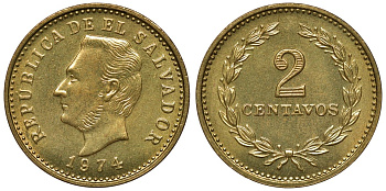 Сальвадор 2 сентаво 1974 год тип, Франсиско Морасан KM 147 никель латунь UNC M55-02