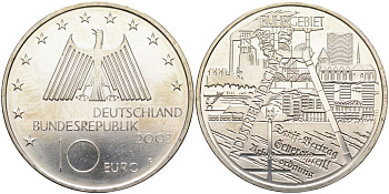 ФРГ 10 евро 2003 F, Рурский бассейн, промышленная зона KM 224, DE.S. 10.10 серебро PROOF 02-078-42