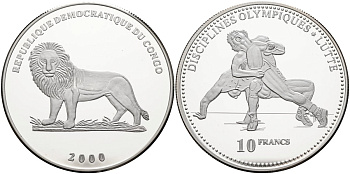 Конго 10 франков 2000 олимпийские дисциплины, борьба KM 52 серебро PROOF 04-319-21