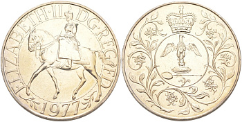 Великобритания 25 пенсов 1977 25 лет со дня коронации Елизаветы, Елизавета II (1952-2022) KM 894, Spink 4136 медно-никель UNC 05-041-12