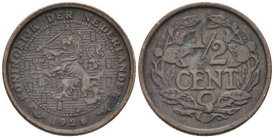 Нидерланды 1/2 цента 1928 Вильгельмина (1890-1948) KM 138 бронза 4576-456