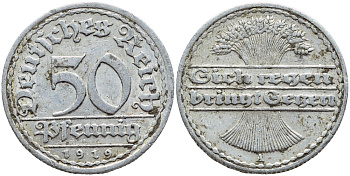 ГЕРМАНИЯ 50 ПФЕННИГОВ 1919 А KM 27, J. 301 алюминий 4397-632