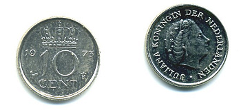 НИДЕРЛАНДЫ 10 ЦЕНТОВ 1973 ЮЛИАНА KM 182 никель 76-348