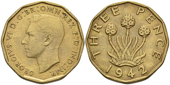 Великобритания 3 пенса 1942 Георг VI (1936-1952) KM 849, Spink 4112 никель латунь 190-631