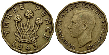 Великобритания 3 пенса 1943 Георг VI (1936-1952) KM 849, Spink 4112 никель латунь 36-312