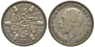 Великобритания 6 пенсов 1935 Георг V (1910-1936) KM 832, Spink 4041 серебро 4538-411