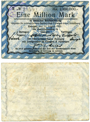 ЭБИНГЕН 1000000 марок (1 миллион) 1923 13 августа 1923 - 30 сентября 1923, нотгельд, земля Баден-ВЮРТЕНБЕРГ, BALLINGEN EBINGEN TAILFINGEN, OBERAMTSSPARKASSE Keller 1221b бумага 2193-30-1-2