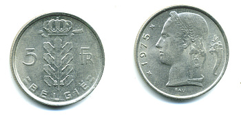 Бельгия 5 франков 1975 Belgie, Бодуэн I (1951-1993) KM 135.1 медно-никель 25-825