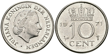 Нидерланды 10 центов 1971 Юлиана (1948-1980) KM 182 никель 96-361