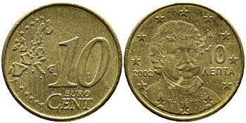 ГРЕЦИЯ 10 ЕВРОЦЕНТОВ 2002 KM 184 латунь 4387-1246