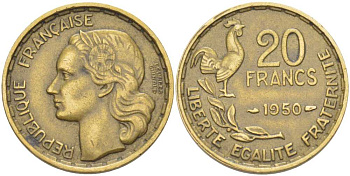 ФРАНЦИЯ 20 ФРАНКОВ 1950 ПОЛНАЯ ПОДПИСЬ, 3 ПЕРА KM 916.1, LE FRANC 401.1 алюминиевая бронза 175-641