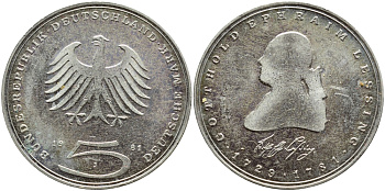 ФРГ 5 марок 1981 J, 200 лет со дня смерти Готхольда Эфраима Лессинга KM 154, J.429 медно-никель плакированный никелем UNC 4394-124