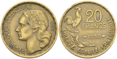 ФРАНЦИЯ 20 ФРАНКОВ 1950 ПОЛНАЯ ПОДПИСЬ, 3 ПЕРА KM 916.1, LE FRANC 401.1 алюминиевая бронза 175-641
