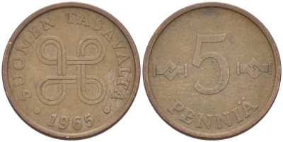 ФИНЛЯНДИЯ 5 ПЕННИ 1965 KM 45 медь 218-1268