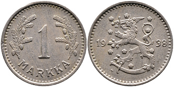 ФИНЛЯНДИЯ 1 МАРКА 1938 S KM 30 медно-никель 4388-953