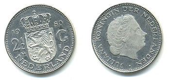 Нидерланды 2 1/2 гульдена 1980 Юлиана (1948-1980) KM 191 никель UNC 84-1324