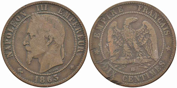 ФРАНЦИЯ 10 САНТИМОВ 1863 BB, НАПОЛЕОН III (1852-1870) KM 798.2, LE FRANC 134.9 бронза 4389-525