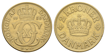 Дания 2 кроны 1939 N; GJ, Кристиан X (1912-1947) KM 825 алюминиевая бронза 84-134