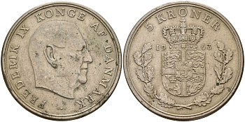 Дания 5 крон 1963 C; S, Фредерик IX (1947-1972) KM 853.1 медно-никель    4599-436