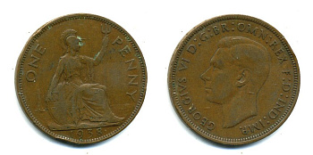 Великобритания 1 пенни 1938 Георг VI (1936-1952) KM 845, Spink 4114 бронза 37-533