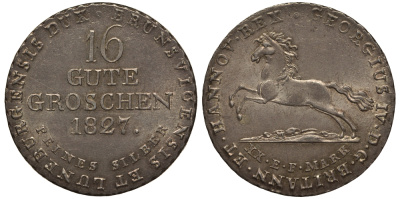 Брауншвейг-Каленберг-Ганновер 16 гутергрошенов 1827 король Георг IV (1820-1830) J 23 h, AKS 38 серебро  aUNC  11-119-22