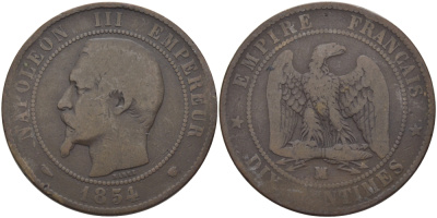 ФРАНЦИЯ 10 САНТИМОВ 1854 MA, НАПОЛЕОН III (1852-1870) KM 771.6 бронза 97-1042