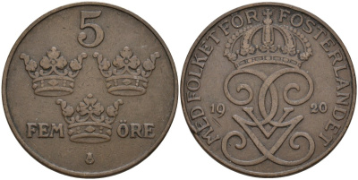 Швеция 5 эре 1920 Густав V (1907-1950) KM 779.2 бронза 4565-221