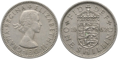 Великобритания 1 шиллинг 1962 Елизавета II (1952-2022), Английский герб KM 904, Spink 4147 медно-никель 4171-623
