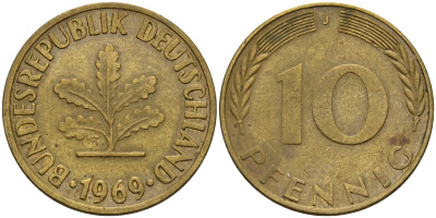ФРГ 10 пфеннигов 1969 J KM 108, J. 383 сталь плакированная латунью    4601-1226