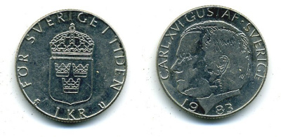 Швеция 1 крона 1983 Карл XVI Густав (1973- ) KM 852a медно-никель 37-911