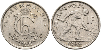 Люксембург 1 франк 1928 Шарлотта, сталевар (1919-1964) KM 35 никель 4566-612