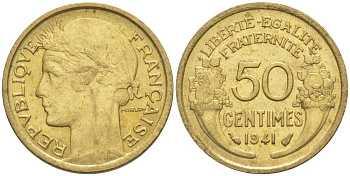 ФРАНЦИЯ 50 САНТИМОВ 1941 ТИП MORLON KM 894.1, LE FRANC 192.18 алюминиевая бронза 44-453