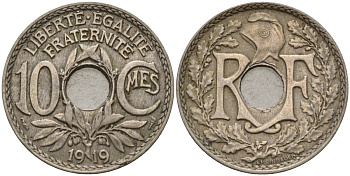 Франция 10 сантимов 1919 KM 866a, Le Franc 138.3 медно-никель 4143-842