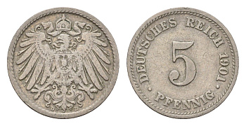 Германия 5 пфеннигов 1901 D, Вильгельм II (1888-1918) KM 11, J. 12 медно-никель 4632-1221