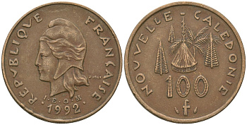 Французская Новая Каледония 100 франков 1992 хижина среди сосен и пальм, (IEOM) KM 15, Schoen 16, Lec 137 никель бронза 88-946