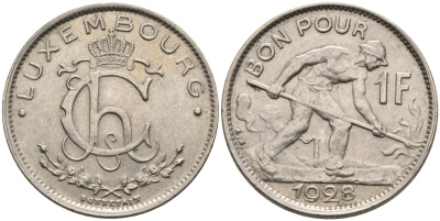 Люксембург 1 франк 1928 Шарлотта, сталевар (1919-1964) KM 35 никель 4566-612