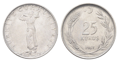 Турция 25 курушей 1967 KM 892.3 нержавеющая сталь 4706-1124
