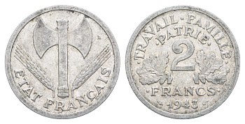 Франция 2 франк 1943 KM 904, Le Franc 270.2 алюминий 4641-1012