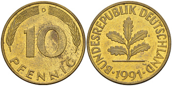 ФРГ 10 пфеннигов 1991 D KM 108, J. 383 сталь плакированная латунью 4175-954