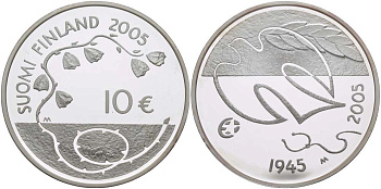 Финляндия 10 евро 2005 60 лет мира в Европе, голубь мира KM 120 серебро PROOF 11-040-14