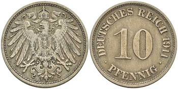 ГЕРМАНИЯ 10 ПФЕННИГОВ 1911 J KM 12, J. 13, Weege 8 медно-никель 212-135