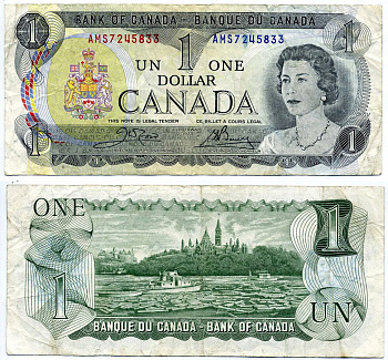 Канада 1 доллар 1973 Елизавета II (1952- ), здание парламента на реке Оттава, Crow-Bouey Pick 85 c бумага 445-78-1-2