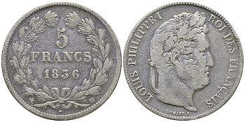 Франция 5 франков 1836 BB, Луи Филипп I (1830-1848) KM 749.3 серебро 4386-131